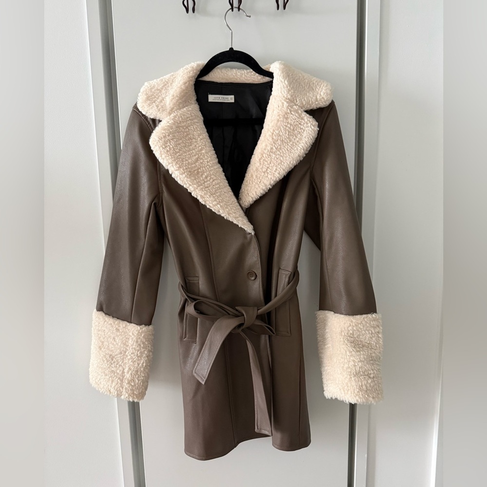 Taupe Faux Leather Coat with Cream Sherpa Lining
